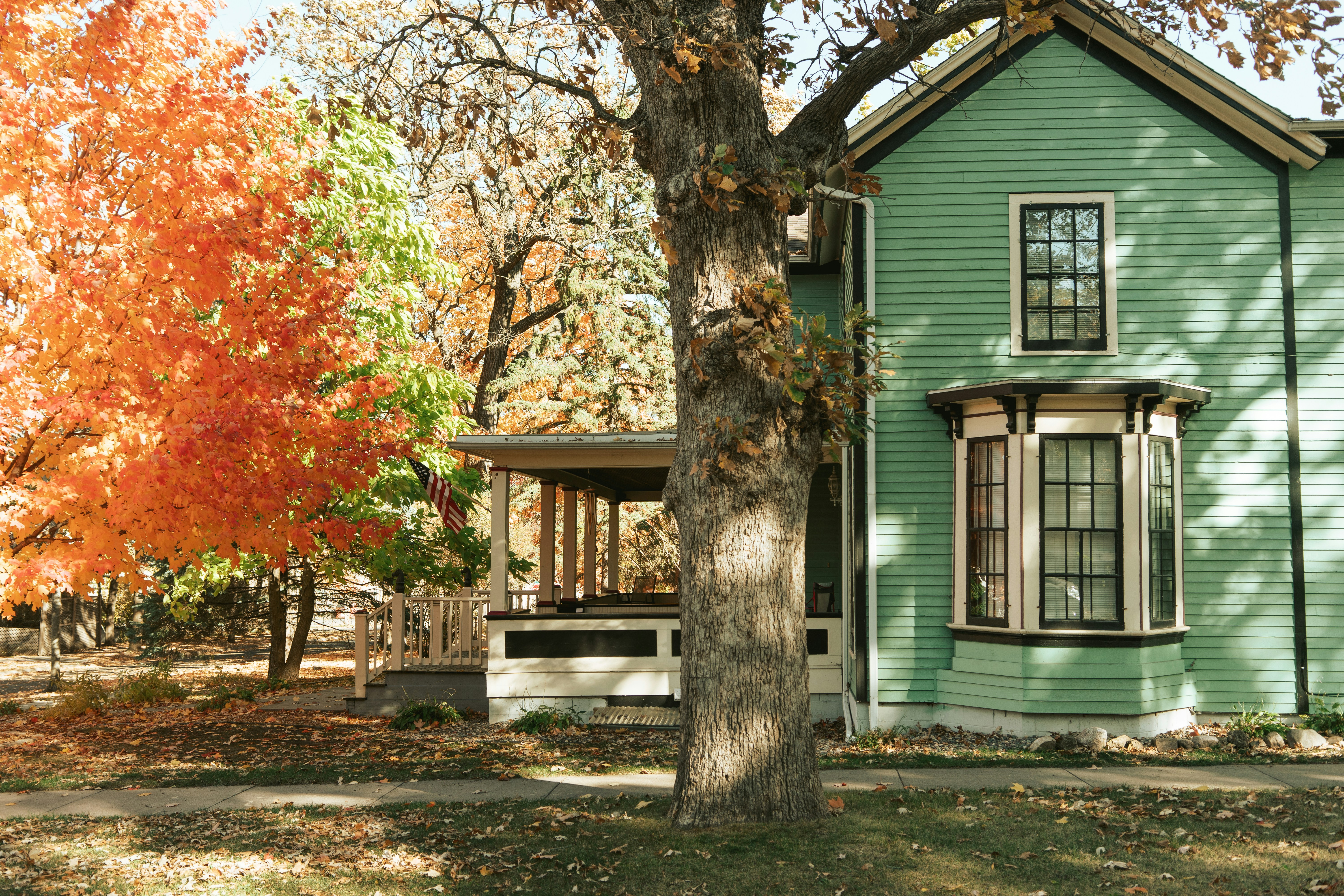 Classic craftsman-style home with covered front porch, bay windows, and sage green siding surrounded by fall foliage in Coon Rapids, MN — Northern Forge Construction window and door replacement services